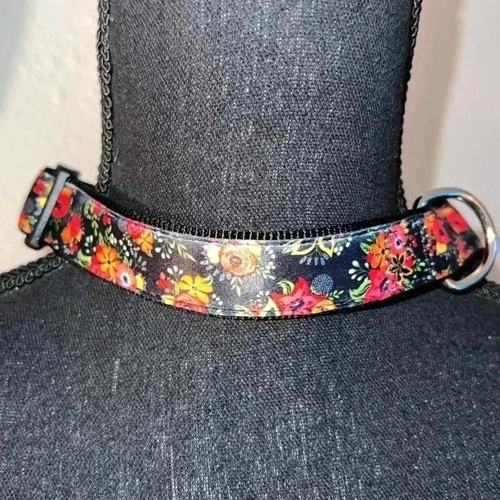 Dog Collar Orange Pink Floral Black Extra Large Heavy Duty Quick Release Collar
